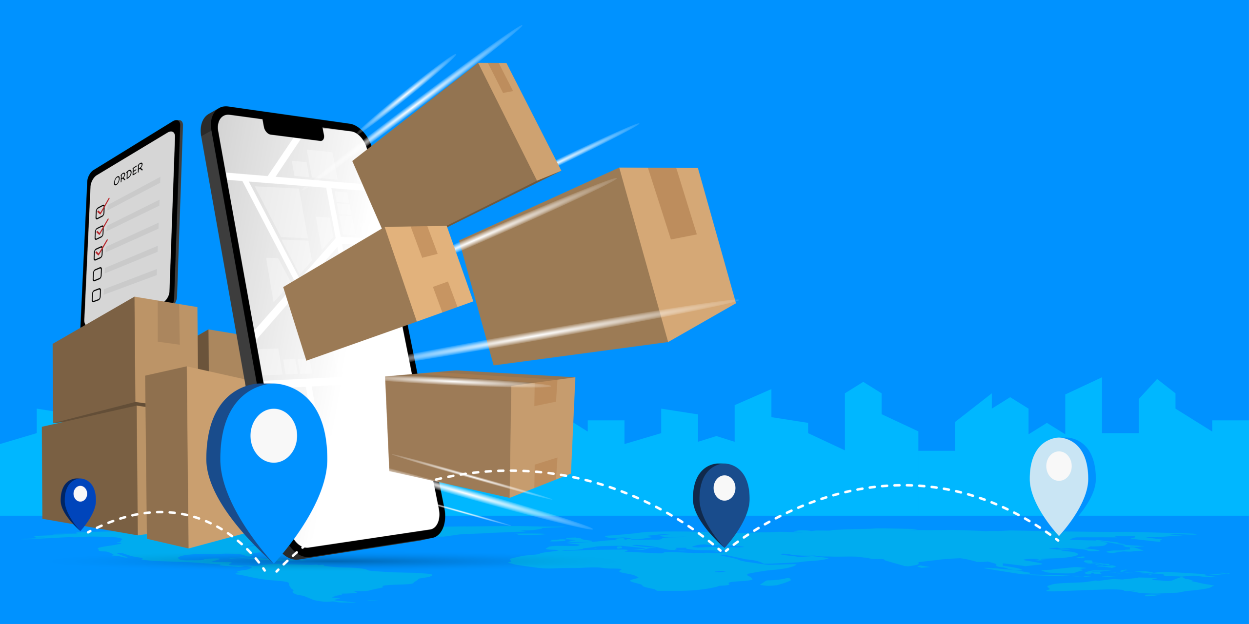 Smartphone showing an order checklist with cardboard boxes flying toward the viewer, representing package delivery tracking.