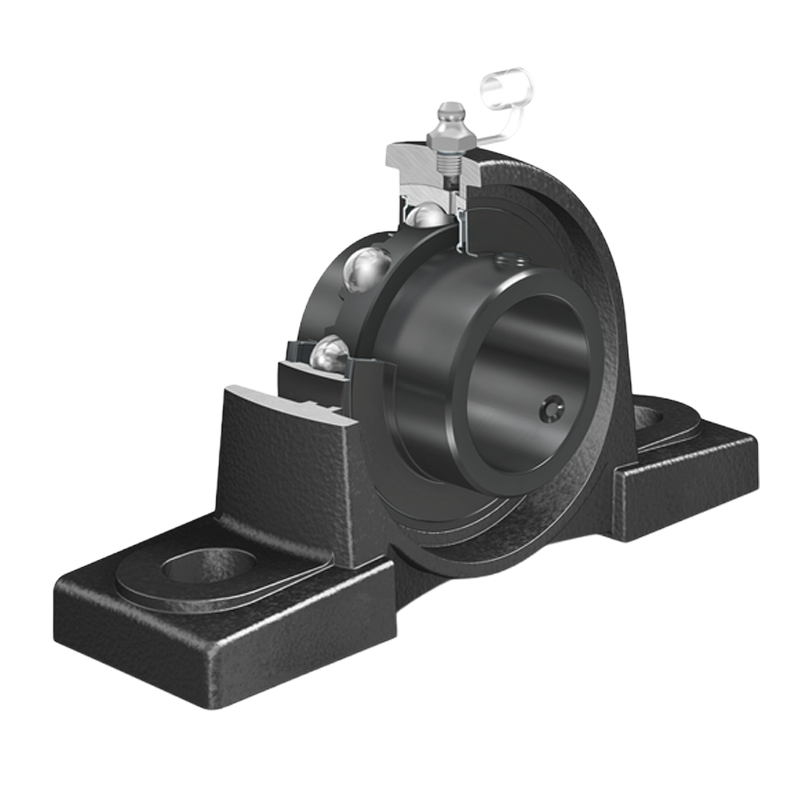 Mounted pillow-block bearing with base and clamp collar, shown in a cutaway style for assembly detail.